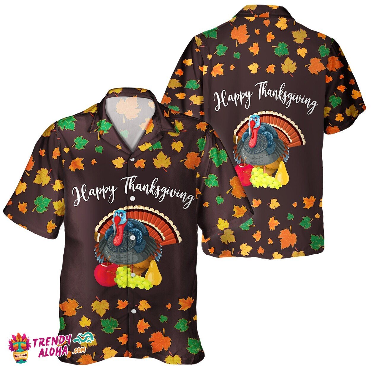 Festive Unisex Fall Turkey Pumpkin Leaves Button-Up Hawaiian Shirt