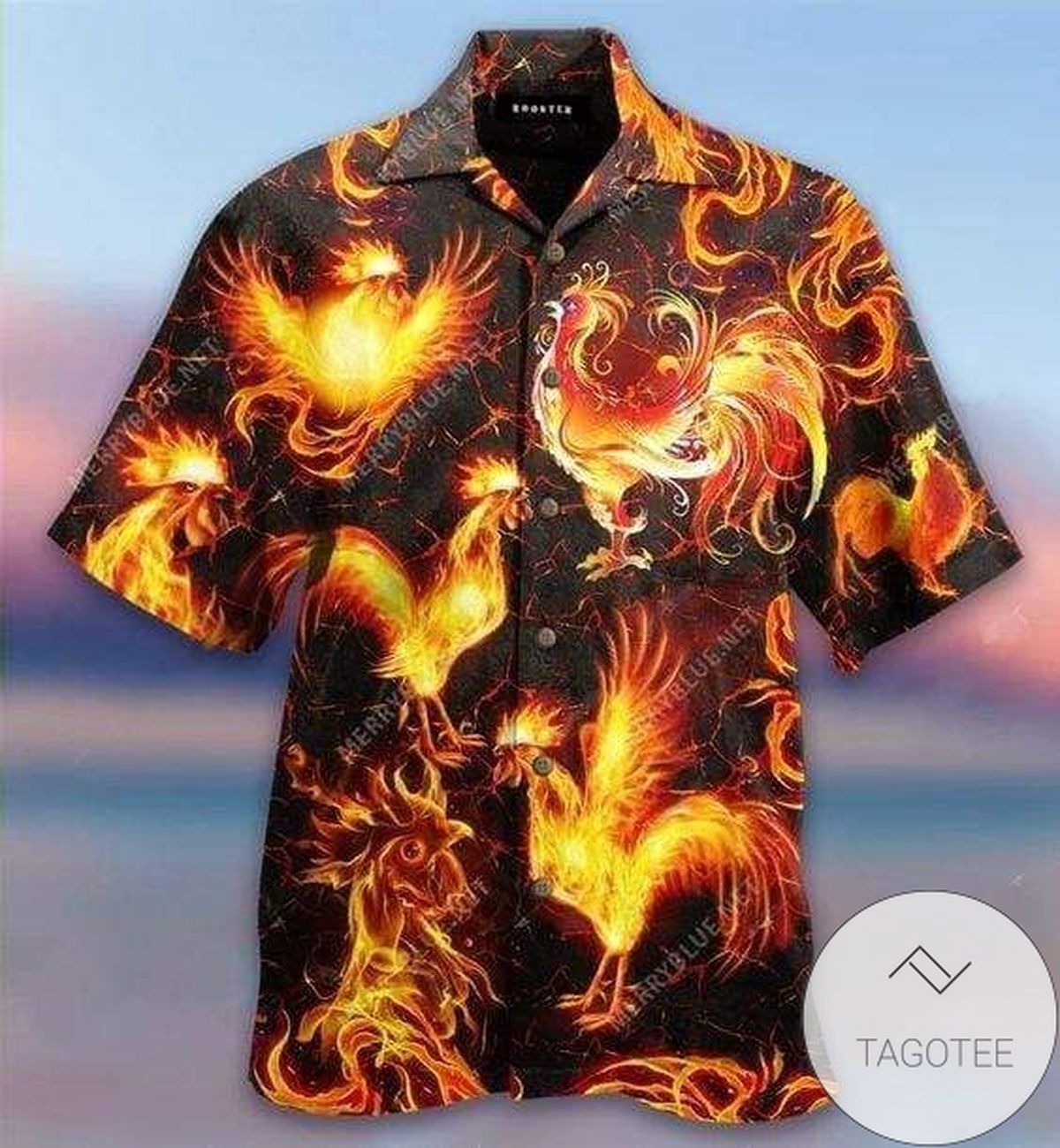 Fiery Roosters Aglow, Igniting the Scene of a Hawaiian Shirt