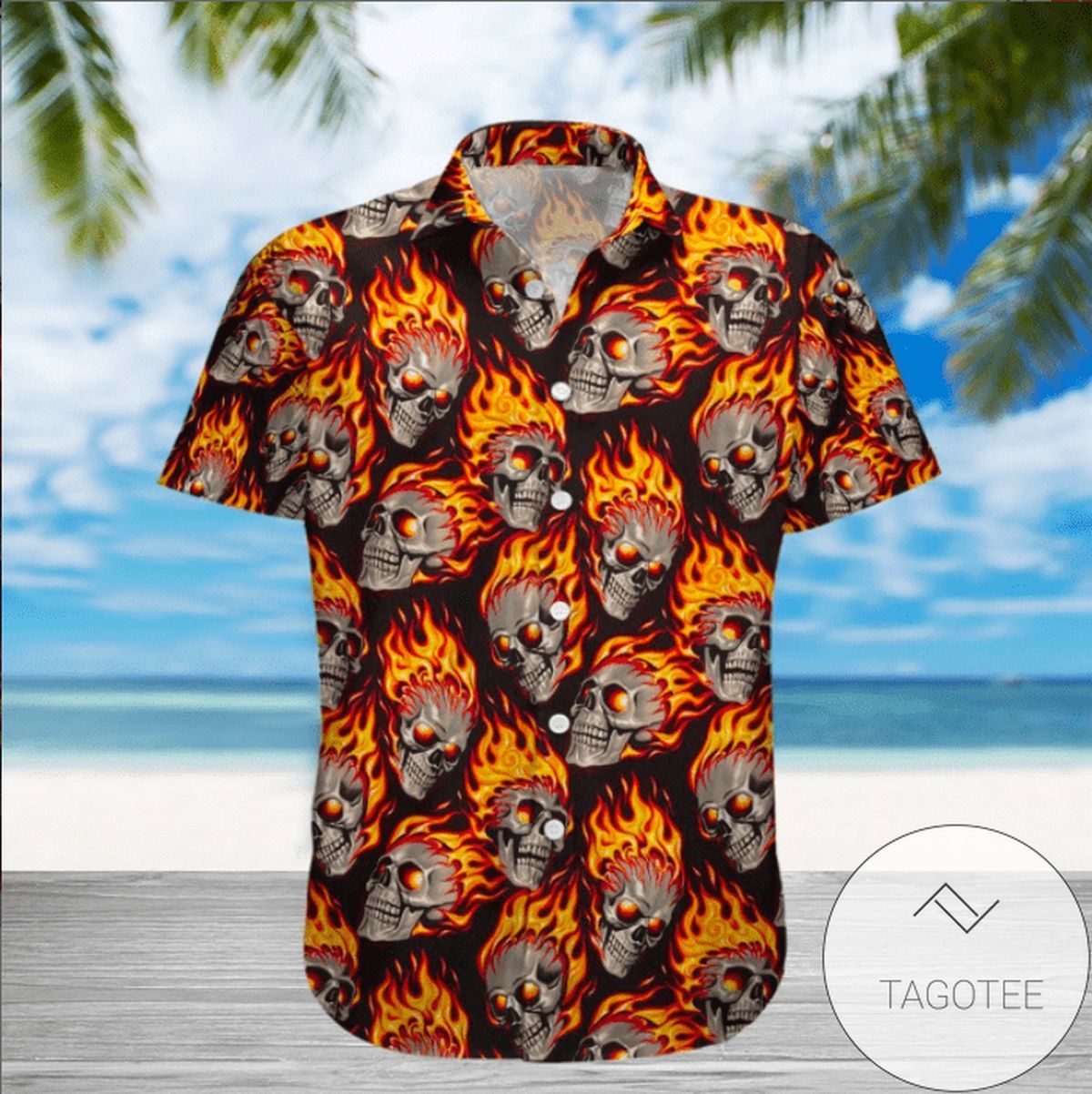 Fiery Skull Patterns Ignite This Hawaiian Shirt Design