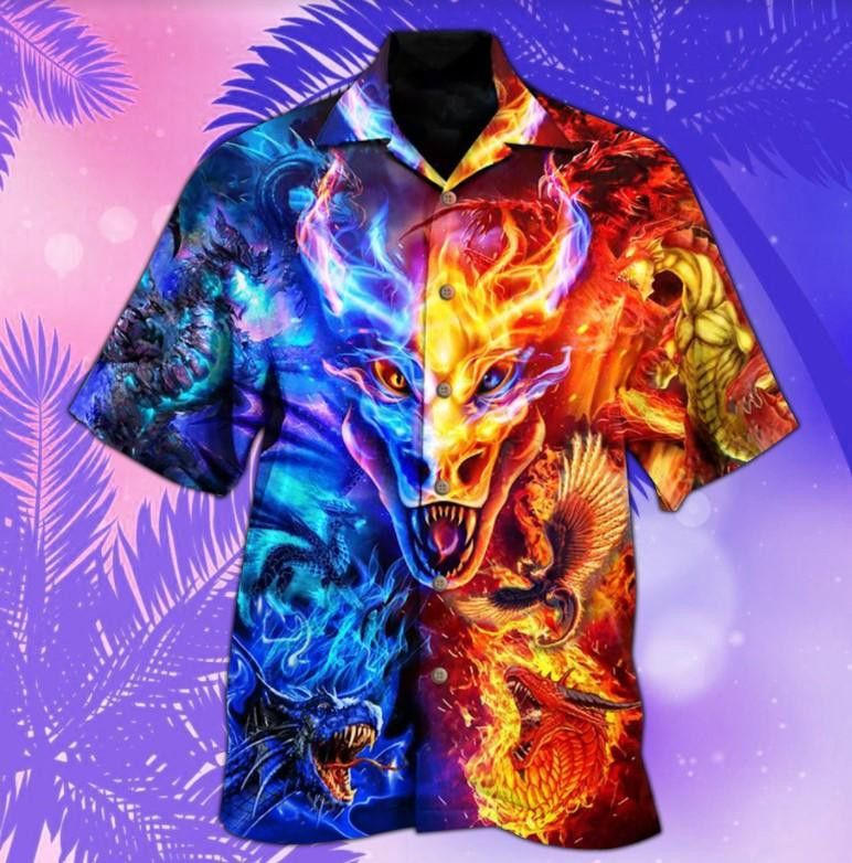 Fire and Water Dragon Theme Hawaiian Shirt
