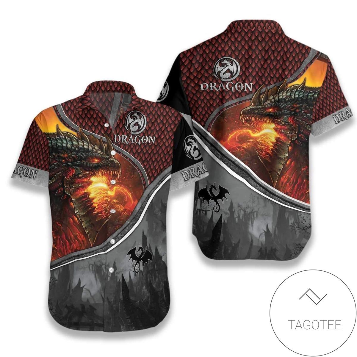 Fire Dragon Spirals Dynamically Across a Hawaiian Shirt