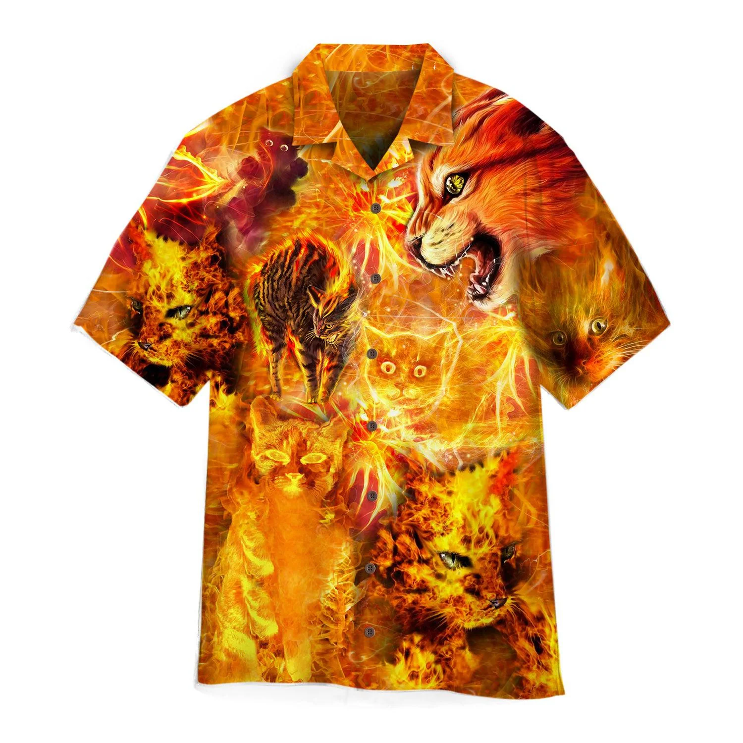 Fire Playing Cat Imagery on Hawaiian Shirt