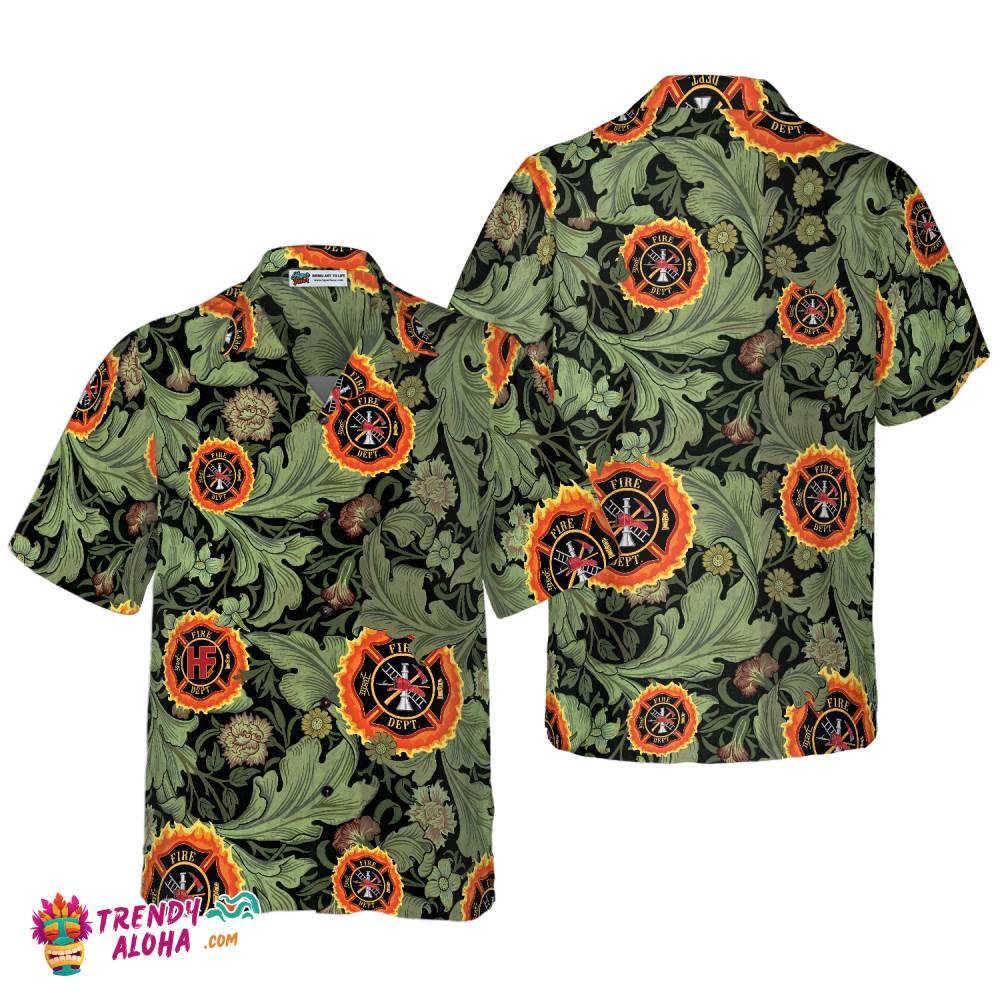 Fire Rescue Proud Firefighter Hawaiian Shirt, Floral And Leaves Fire Dept Logo Firefighter Shirt For Men Fire Rescue Proud Firefighter Hawaiian Shirt, Floral And Leaves Fire Dept Logo Firefighter Shirt For Men