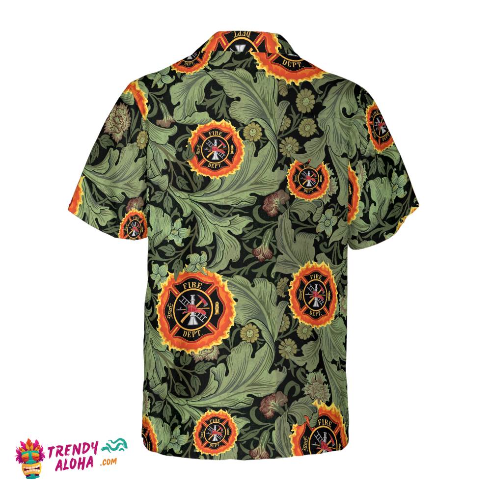 Fire Rescue Proud Firefighter Hawaiian Shirt, Floral And Leaves Fire Dept Logo Firefighter Shirt For Men