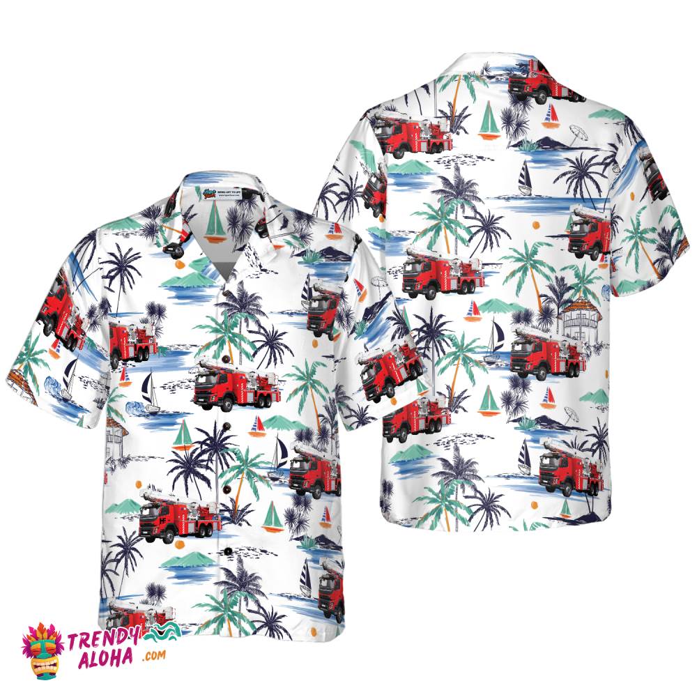 Fire Truck Friend Of Firefighter Hawaiian Shirt, White Tropical Red Fire Truck Firefighter Shirt For Men