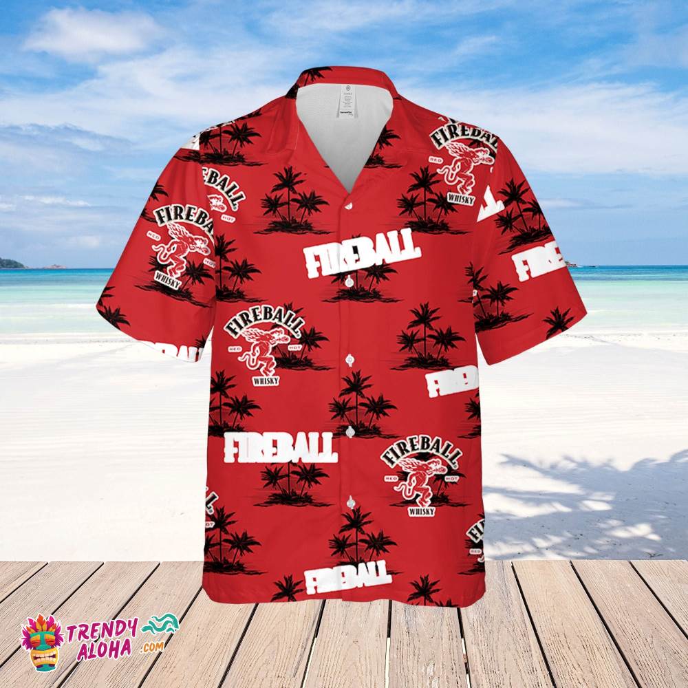 Fireball Hawaiian Coconut Island Pattern Hawaiian Beer Lover Shirt, Classic Flowers Beer Aloha Shirt