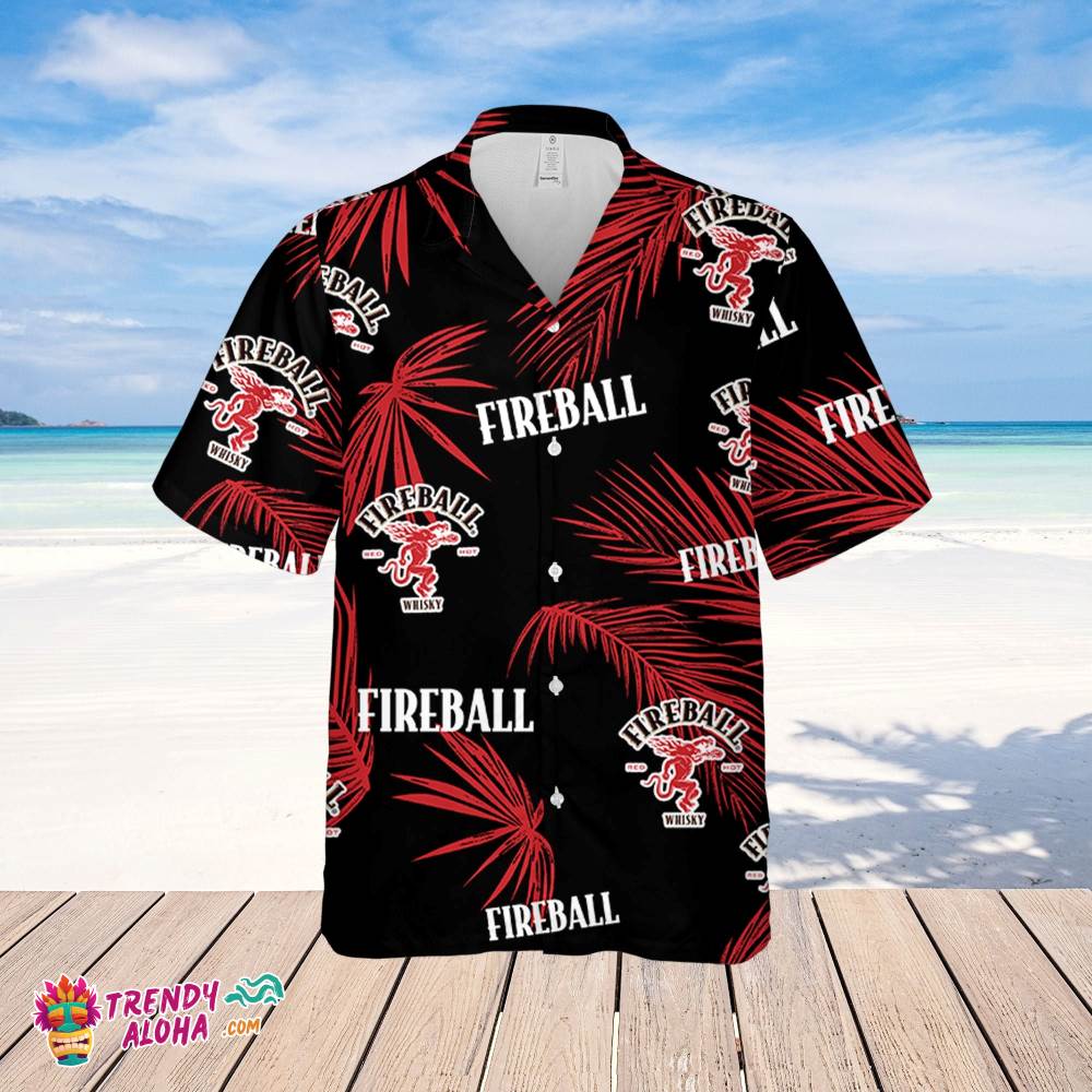 Fireball Hawaiian Palm Leaves Pattern Shirt, Beer Summer Party Hawaiian Shirt, Schlitz Beer Shirt