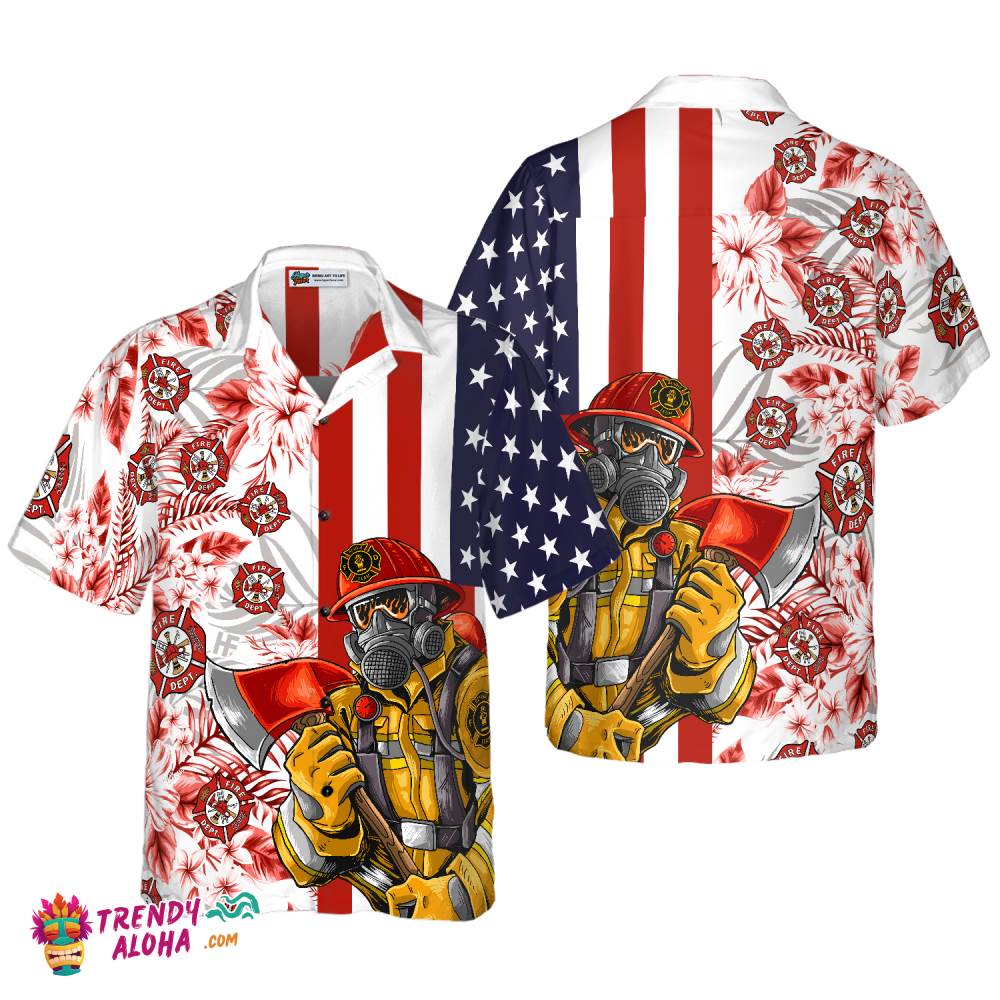Firefighter American Flag Tropical Firefighter Hawaiian Shirt, Texas Bluebonnet Fire Dept Logo Firefighter Shirt For Men Firefighter American Flag Tropical Firefighter Hawaiian Shirt, Texas Bluebonnet Fire Dept Logo Firefighter Shirt For Men