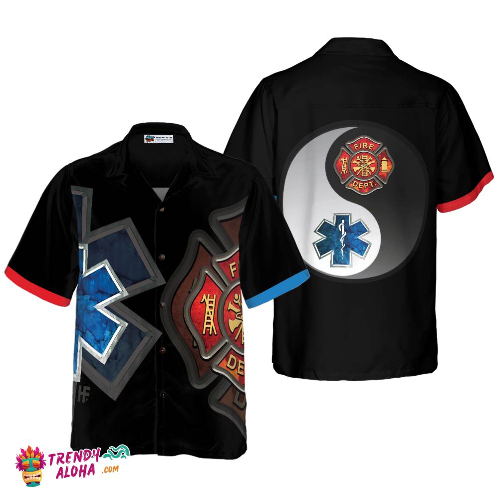 Firefighter And Paramedic Yin And Yang Firefighter Hawaiian Shirt, Red Fire Dept Logo And Blue Star Of Life Firefighter Shirt For Men