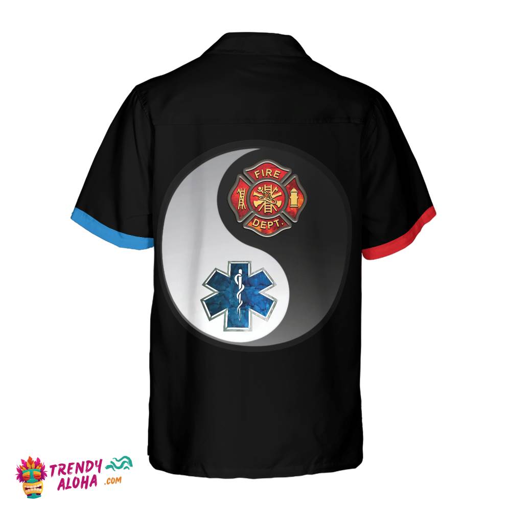 Firefighter And Paramedic Yin And Yang Firefighter Hawaiian Shirt, Red Fire Dept Logo And Blue Star Of Life Firefighter Shirt For Men