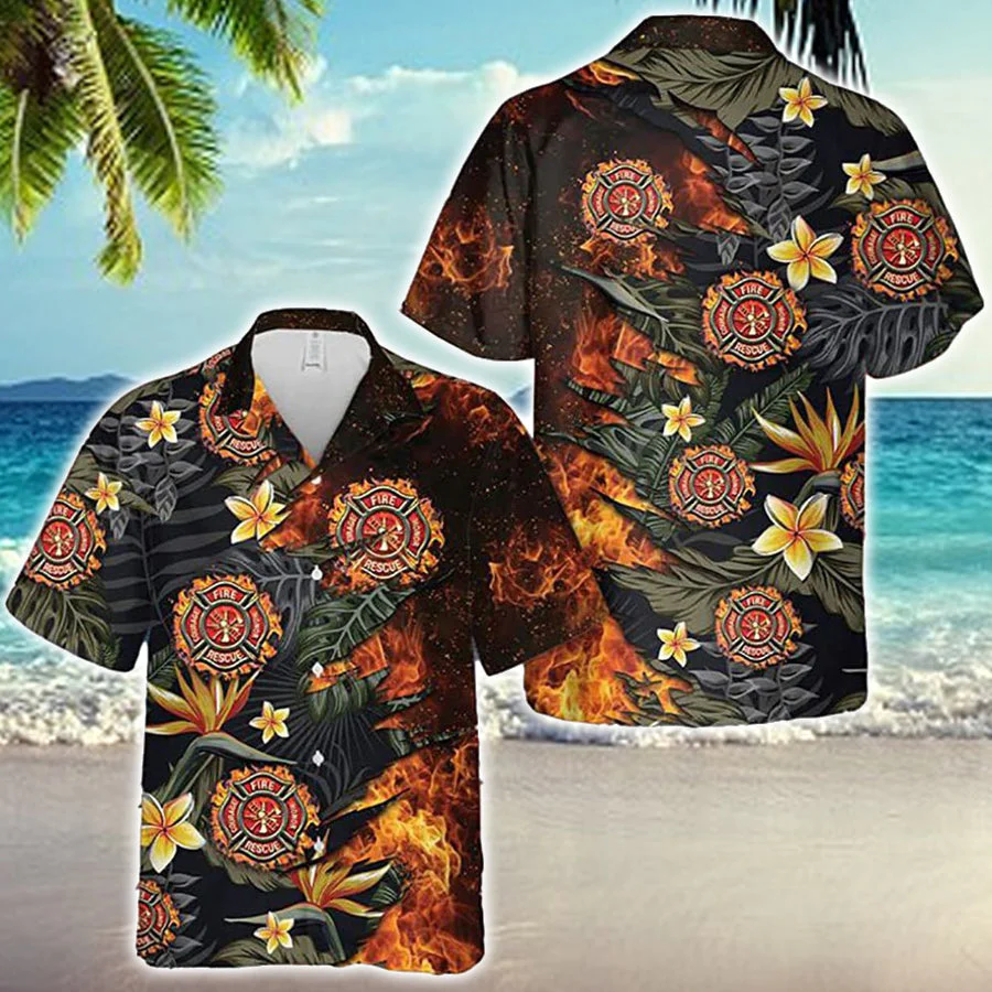 Firefighter Fire Floral Tropical Trendy Hawaiian Shirt, Gift For Firefighter Firefighter Fire Floral Tropical Trendy Hawaiian Shirt, Gift For Firefighter