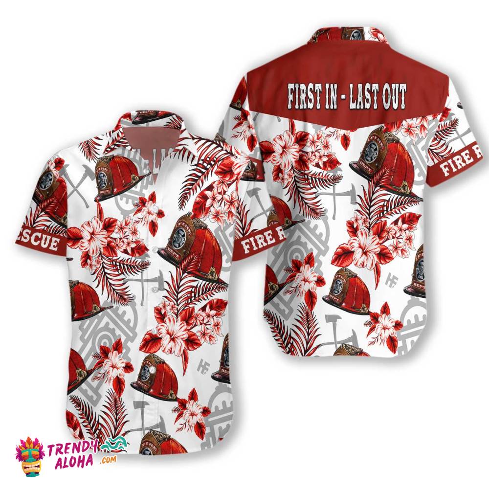 Firefighter First In Last Out Helmet Firefighter Hawaiian Shirt, Red Texas Bluebonnet Firefighter Shirt For Men