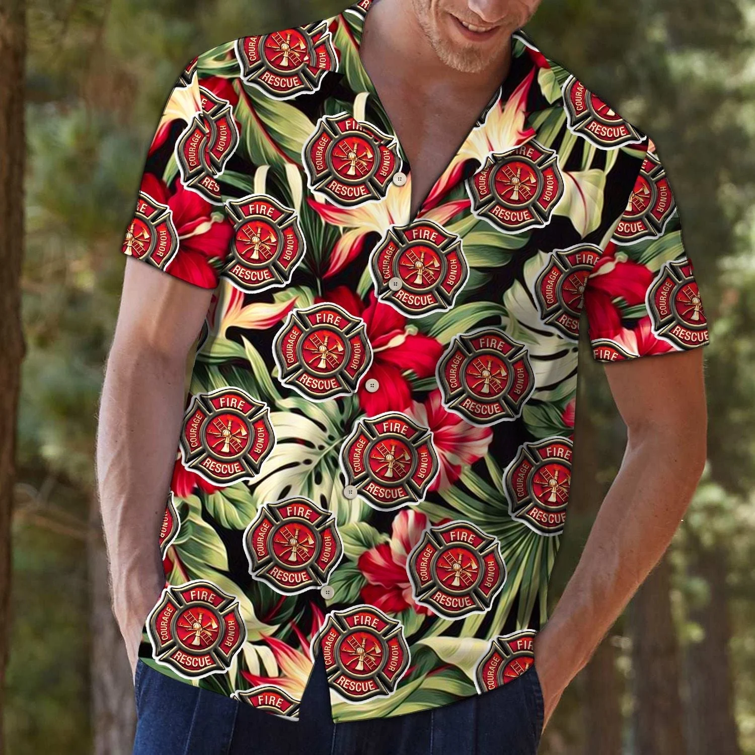 Firefighter Floral Trendy Hawaiian Shirt, Unisex Print Aloha Short Sleeve Casual Shirt Summer Gifts