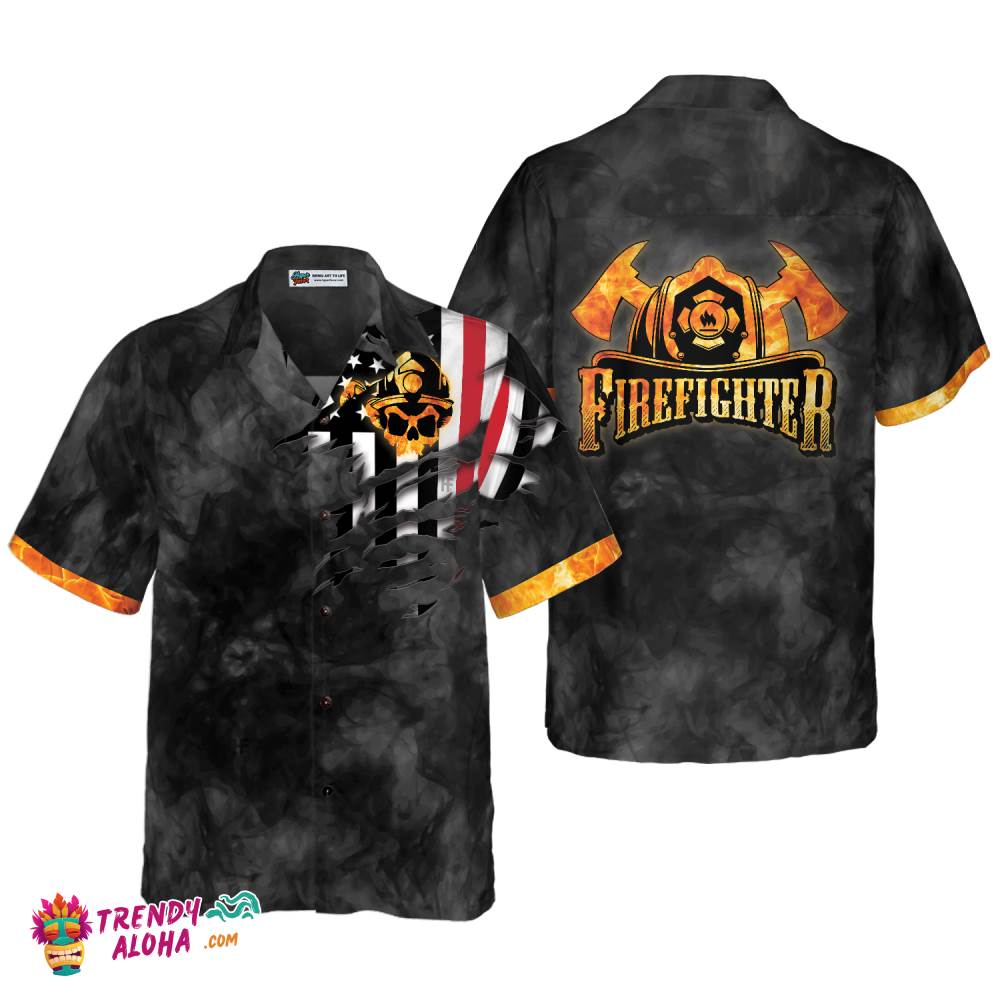 Firefighter Golden Skull And Ripped American Flag Firefighter Hawaiian Shirt, Black And Gold Firefighter Shirt For Men