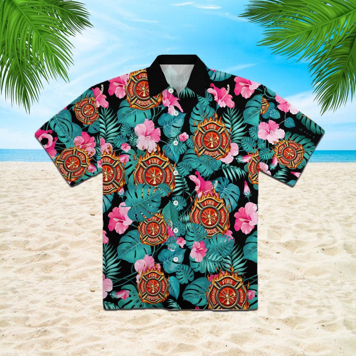 Firefighter Hibiscus Flower Trendy Hawaiian Shirt