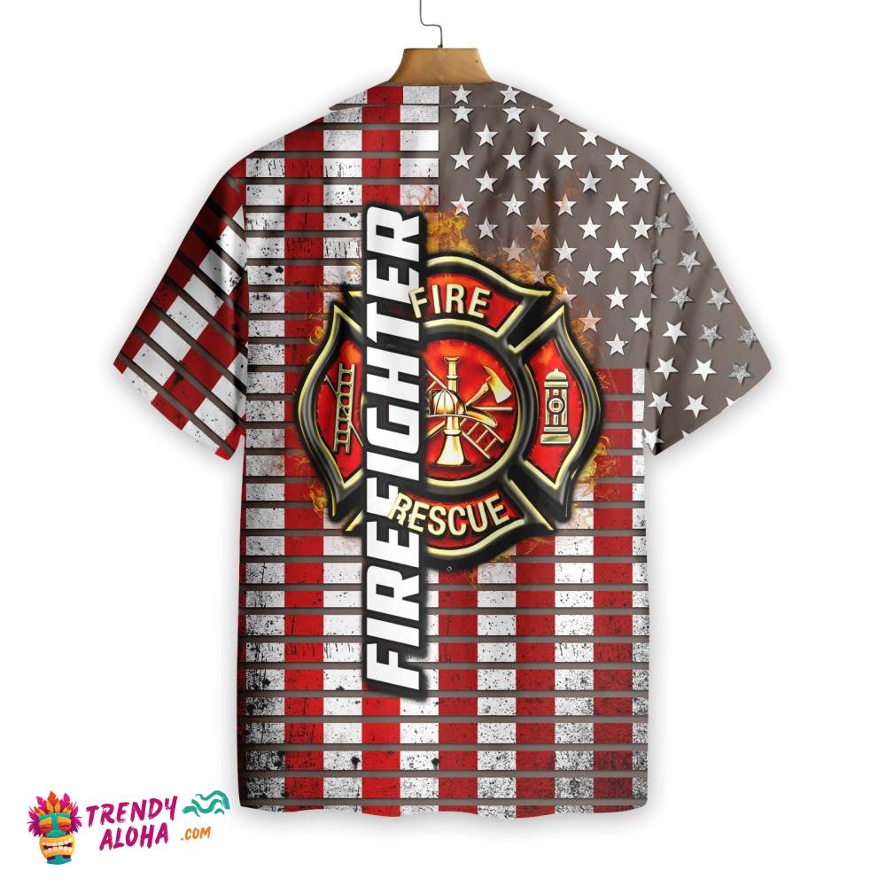 Firefighter Logo And Red American Flag Firefighter Hawaiian Shirt, Horizontal Stripe Firefighter Shirt For Men