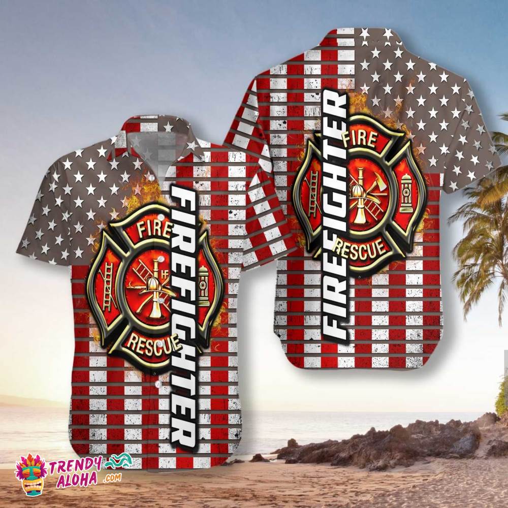 Firefighter Logo And Red American Flag Firefighter Hawaiian Shirt, Horizontal Stripe Firefighter Shirt For Men
