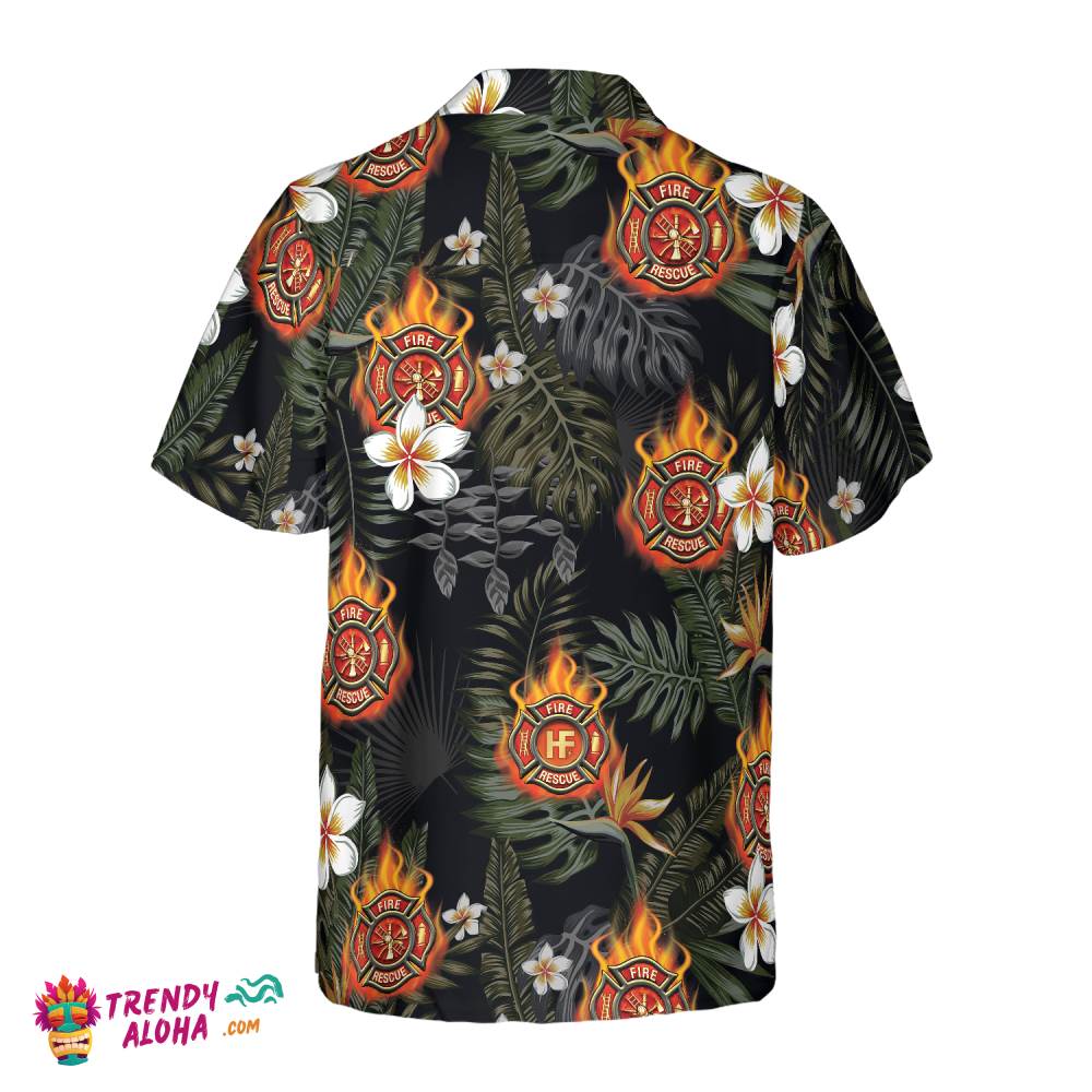 Firefighter Logo On Flame And Black Tropical Seamless Firefighter Hawaiian Shirt, Floral Firefighter Shirt For Men