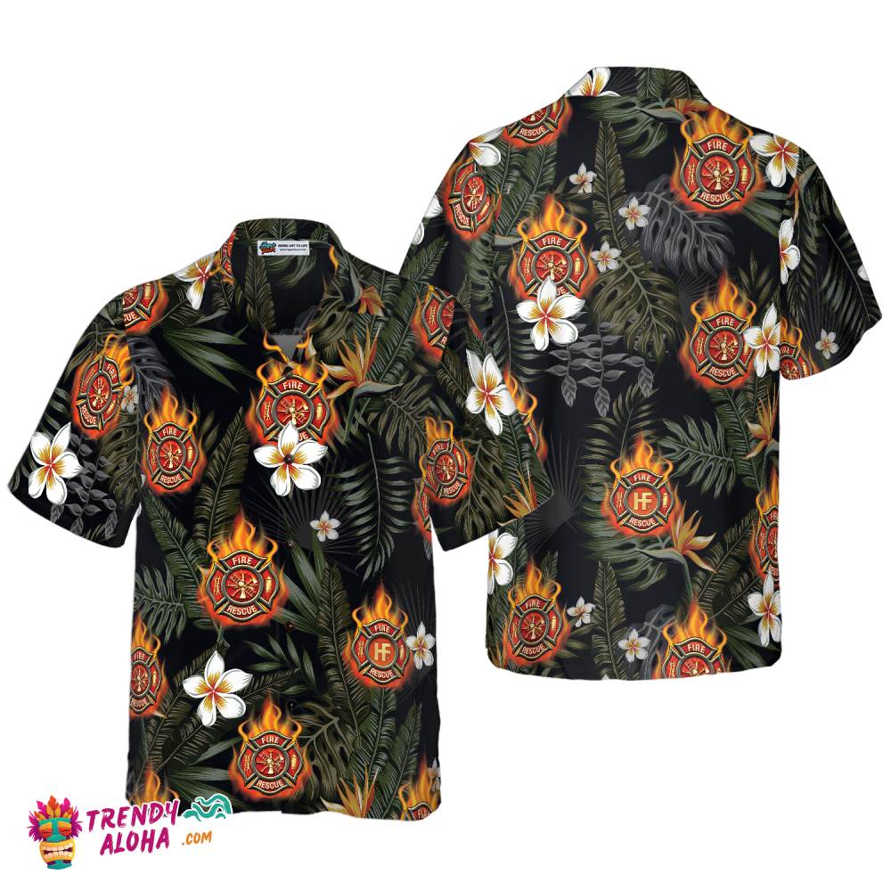 Firefighter Logo On Flame And Black Tropical Seamless Firefighter Hawaiian Shirt, Floral Firefighter Shirt For Men
