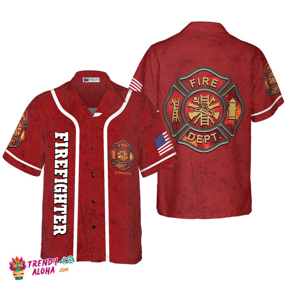 Firefighter Logo Red Background Firefighter Hawaiian Shirt, American