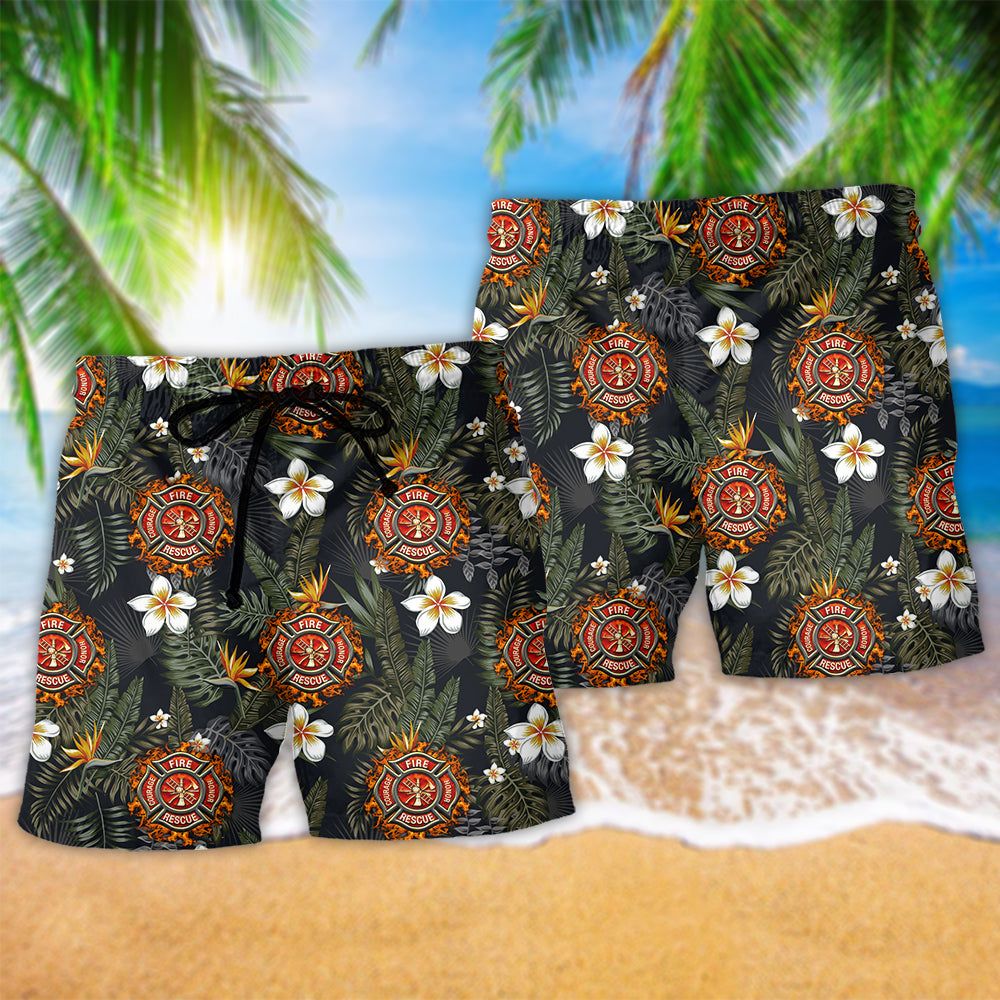 Firefighter Lover Flower Trendy Aloha Hawaiian Beach Shorts