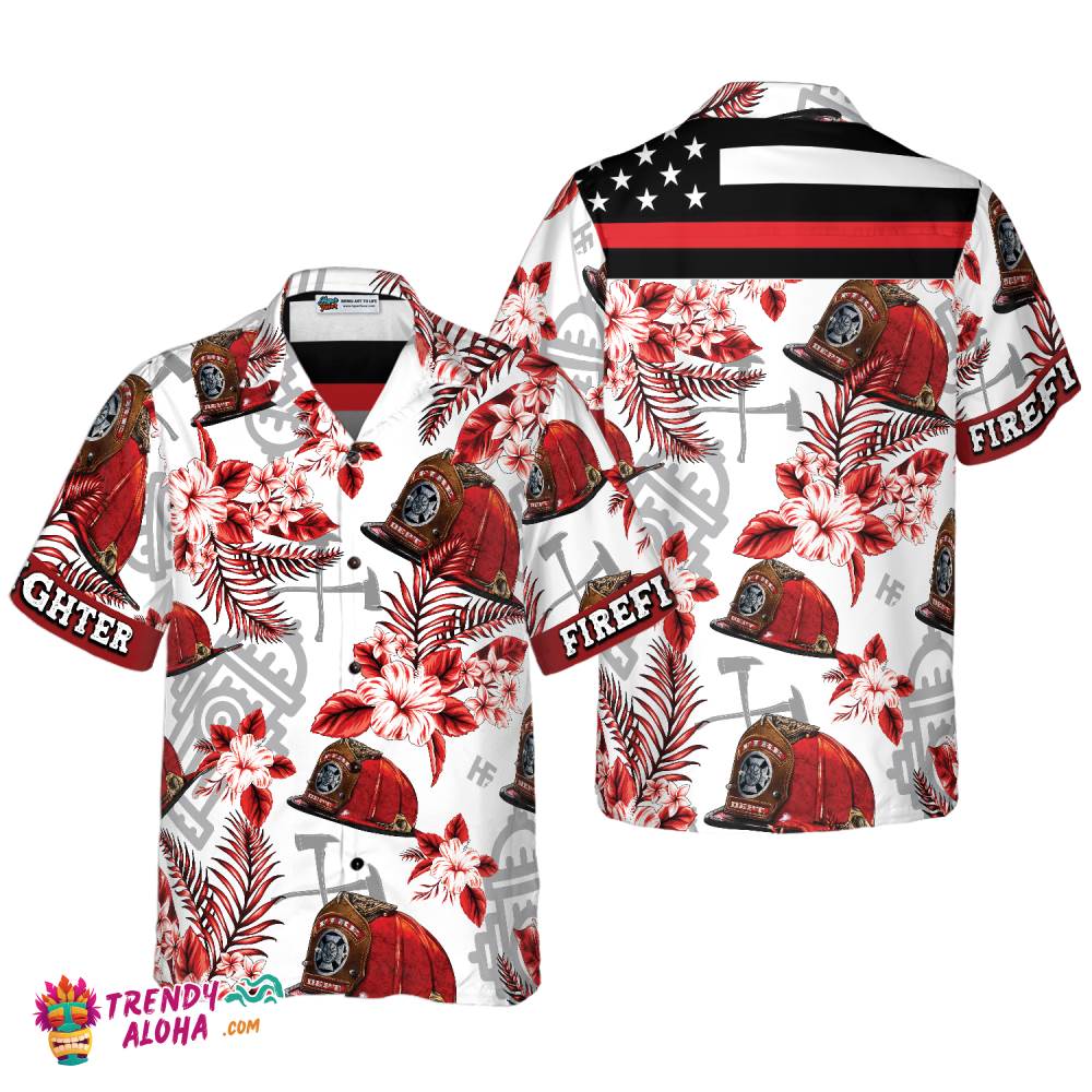 Firefighter Red Helmet Black American Flag Hawaiian Shirt, Red Texas Bluebonnet Hawaiian Shirt For Men