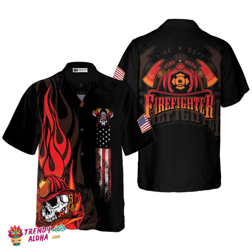 Firefighter Skull Flame Black American Flag Hawaiian Shirt, Fire Dept Logo Firefighter Hawaiian Shirt For Men