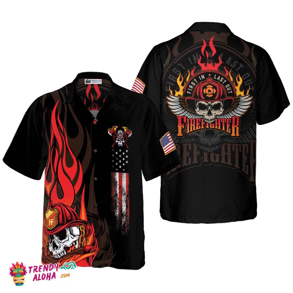 Firefighter Skull Flame Black American Flag Hawaiian Shirt, First In Last Out Firefighter Hawaiian Shirt For Men
