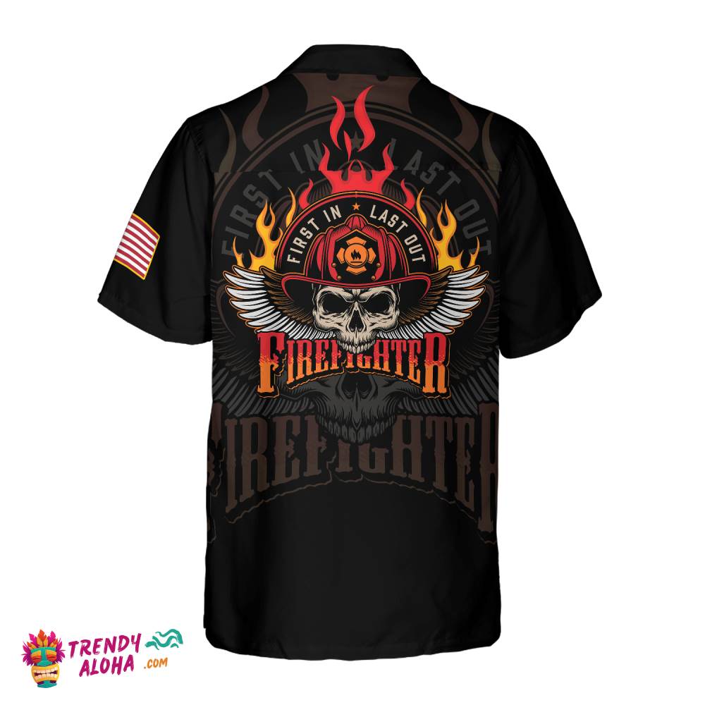 Firefighter Skull Flame Black American Flag Hawaiian Shirt, First In Last Out Firefighter Hawaiian Shirt For Men