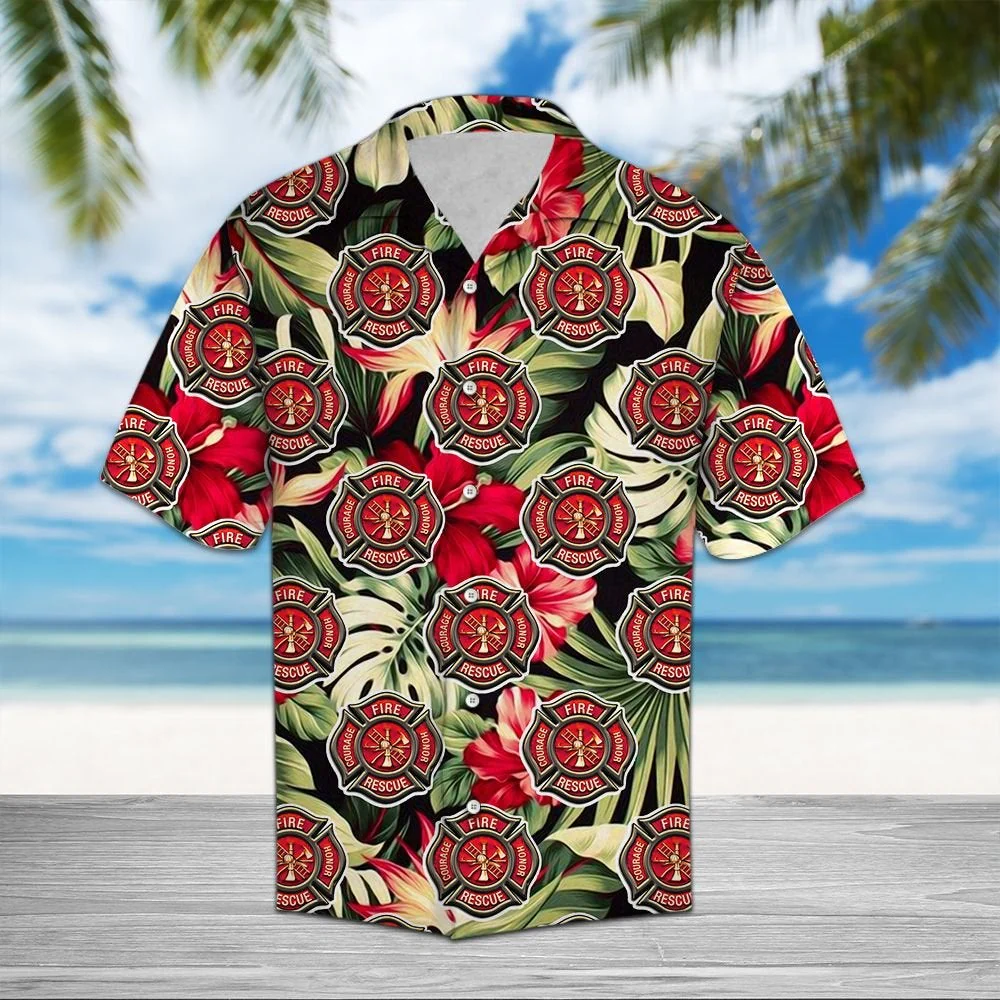 Firefighter Theme Hawaiian Shirt with Floral Print