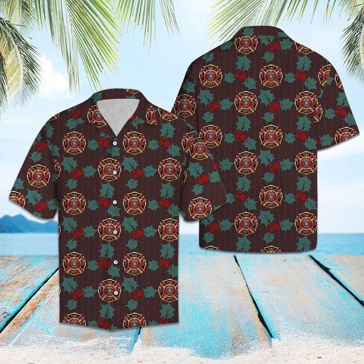 Firefighter Themed Hawaiian Shirt with Leaf Designs
