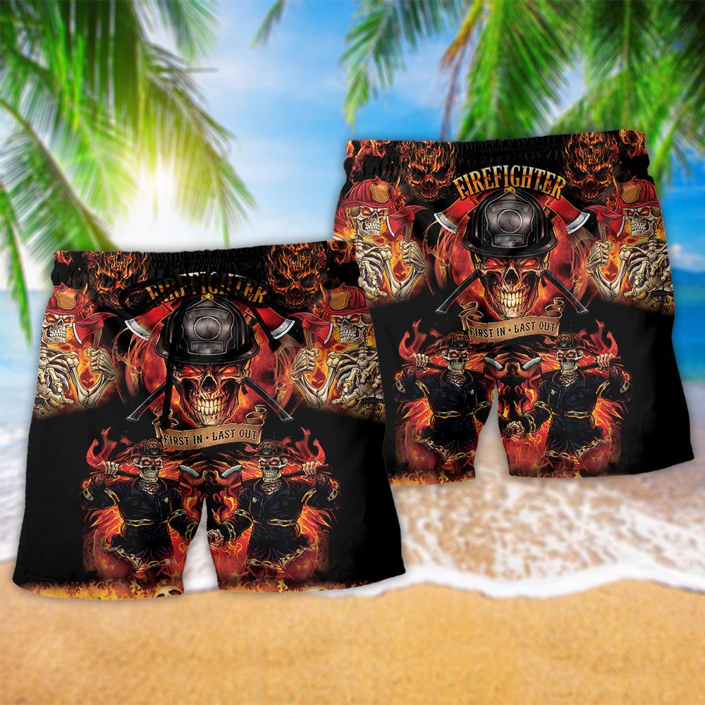 Firefighters On Fire Love Life Red And Black Trendy Aloha Hawaiian Beach Shorts