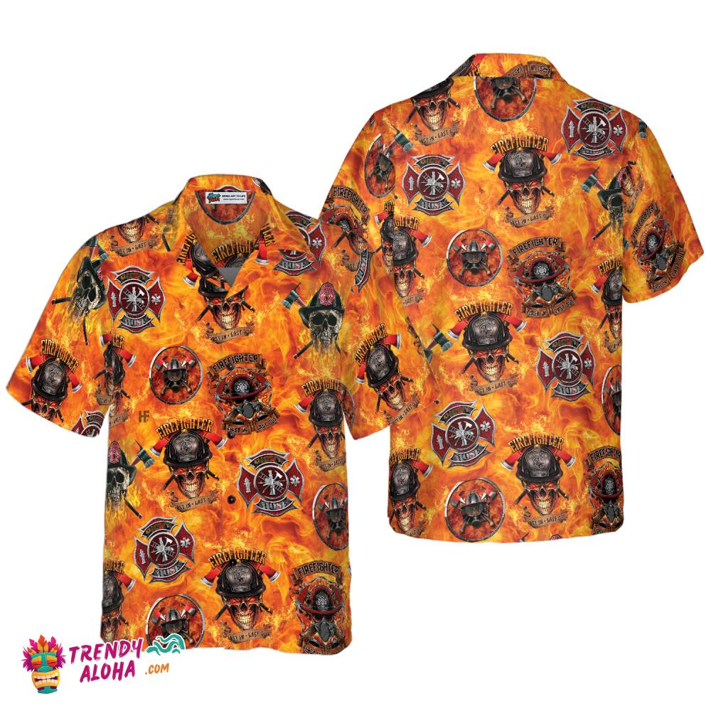 First In Last Out Firefighter Hawaiian Shirt, Viking Style Flame Skull Shield Firefighter Shirt For Men First In Last Out Firefighter Hawaiian Shirt, Viking Style Flame Skull Shield Firefighter Shirt For Men