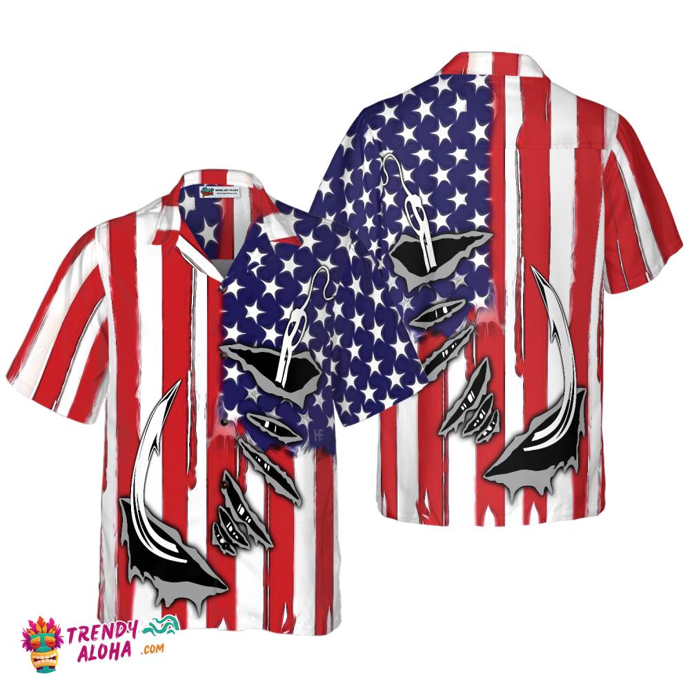 Fish Hook American Flag Hawaiian Shirt