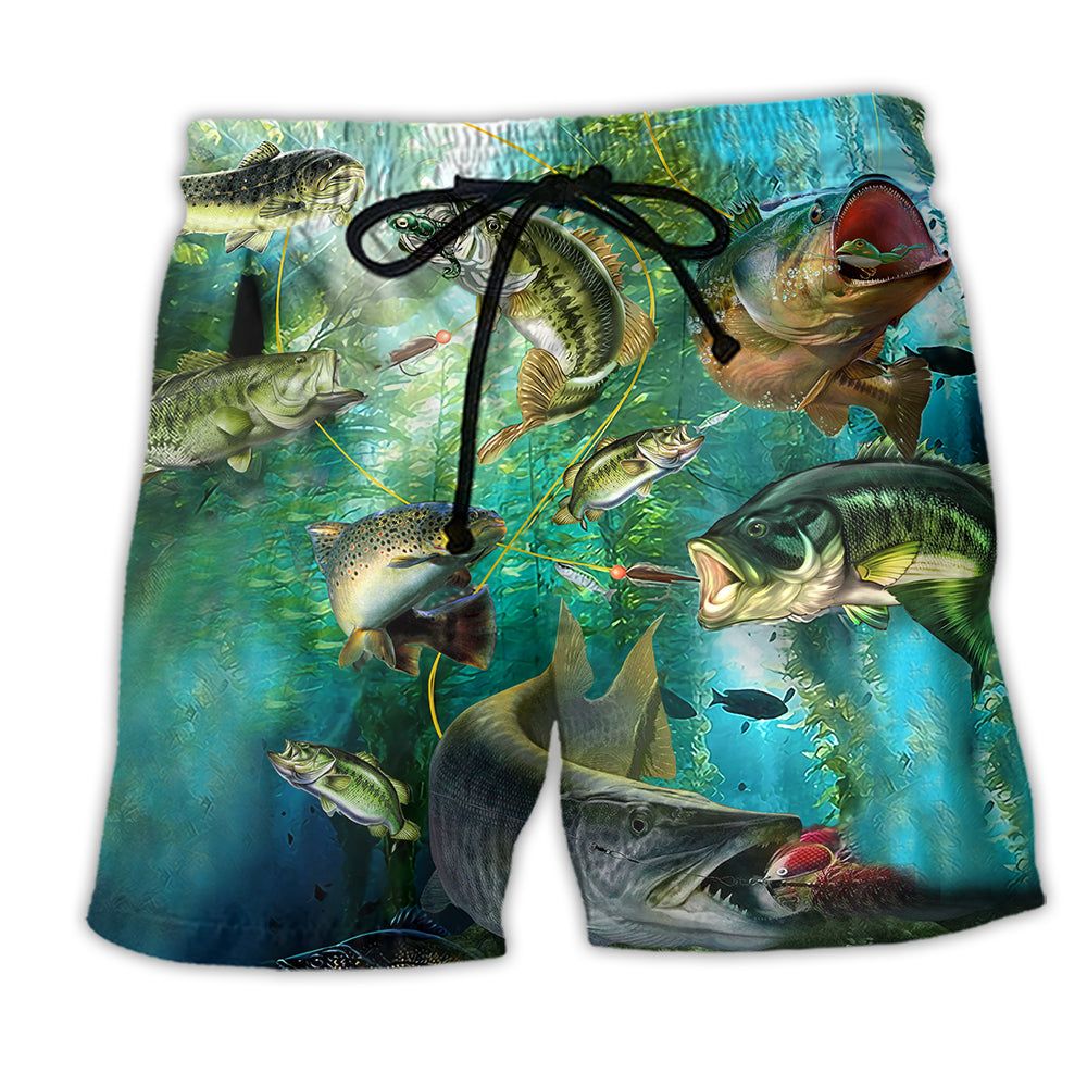 Fish More Worry Less Blue Style Trendy Aloha Hawaiian Beach Shorts
