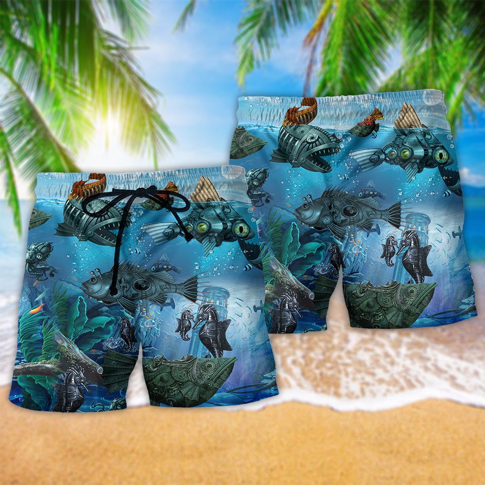 Fish Ocean Undersea Steampunk Fish Trendy Aloha Hawaiian Beach Shorts