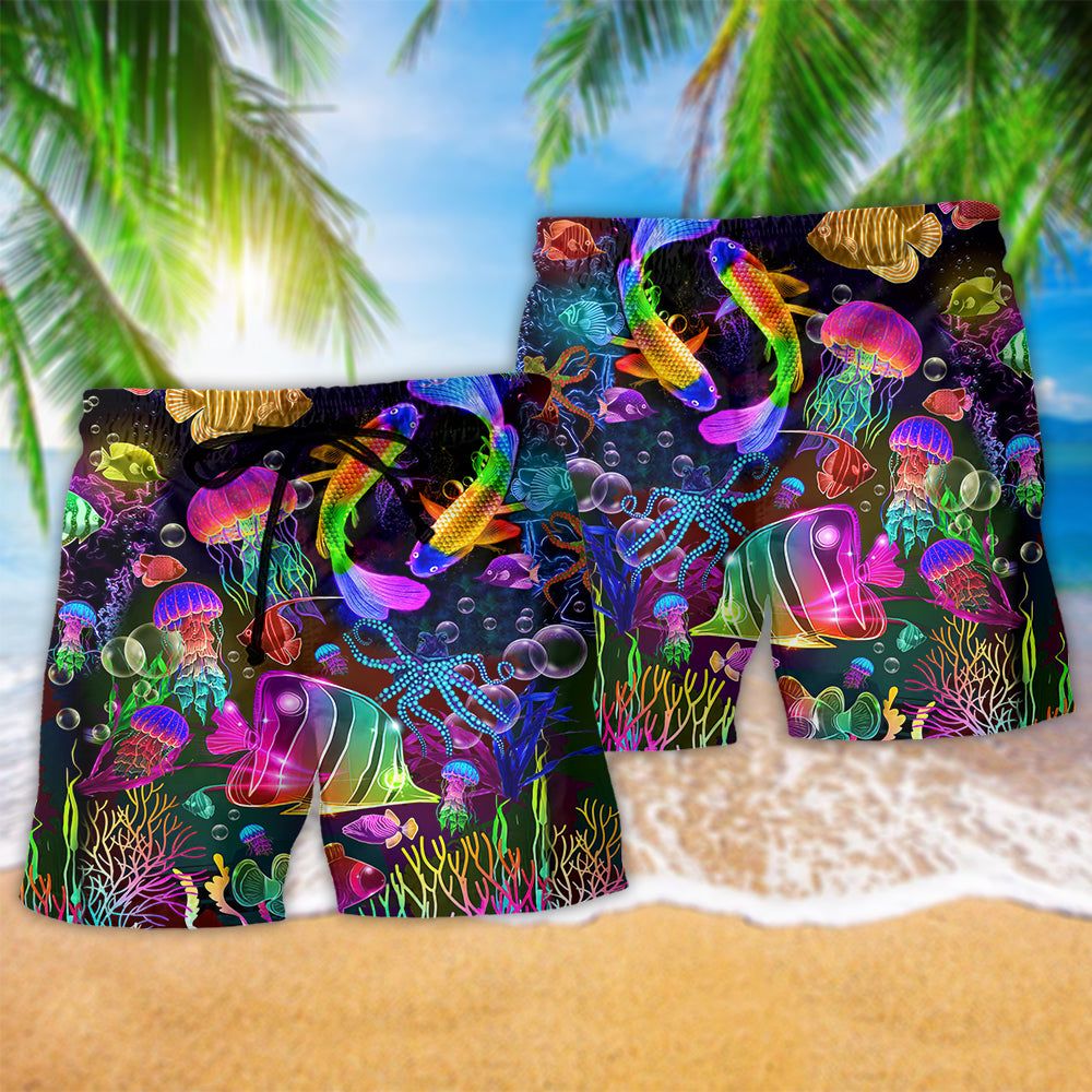 Fish Rainbow Lovely Neon Style Trendy Aloha Hawaiian Beach Shorts