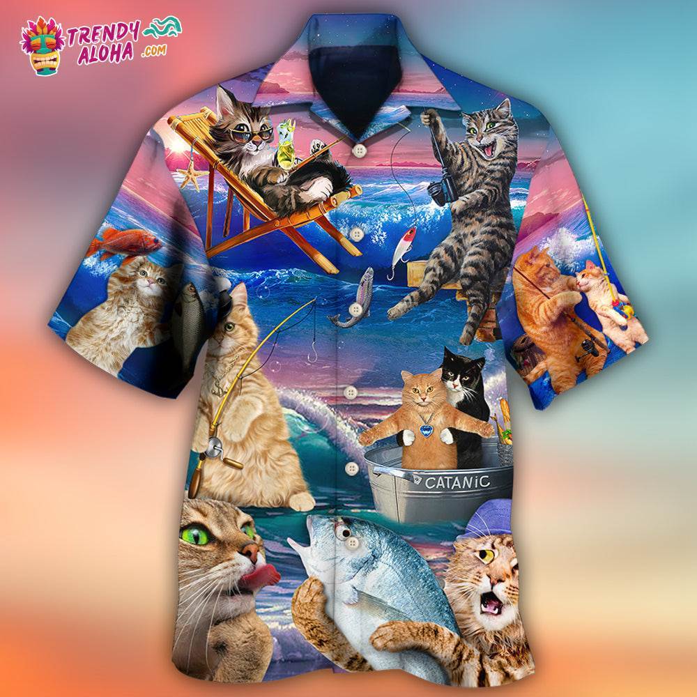 Fishing Cat Cute Beach Art Style Hawaiian Shirt – Trendy Aloha