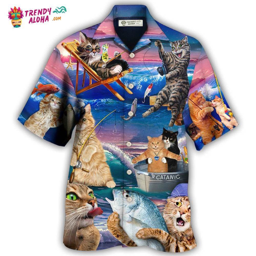 Fishing Cat Cute Beach Art Style Hawaiian Shirt – Trendy Aloha