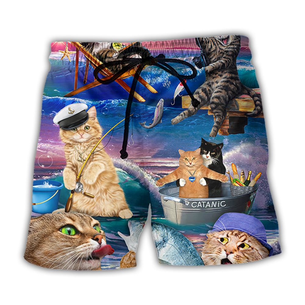 Fishing Cat Cute Beach Art Style Trendy Aloha Hawaiian Beach Shorts