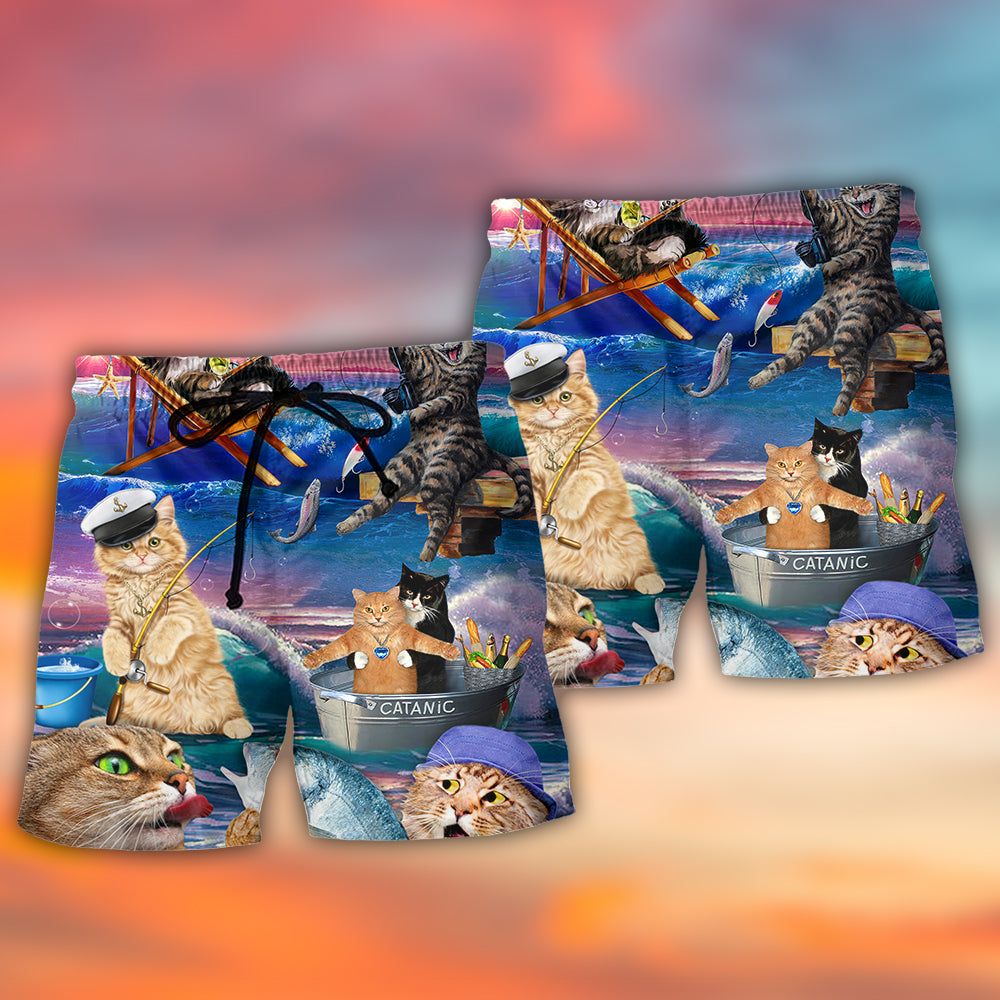 Fishing Cat Cute Beach Art Style Trendy Aloha Hawaiian Beach Shorts