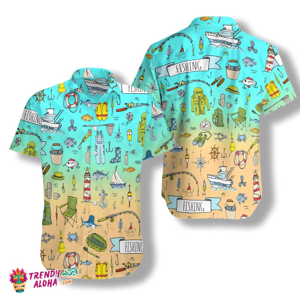 Fishing Doodle Seamless Pattern Hawaiian Shirt