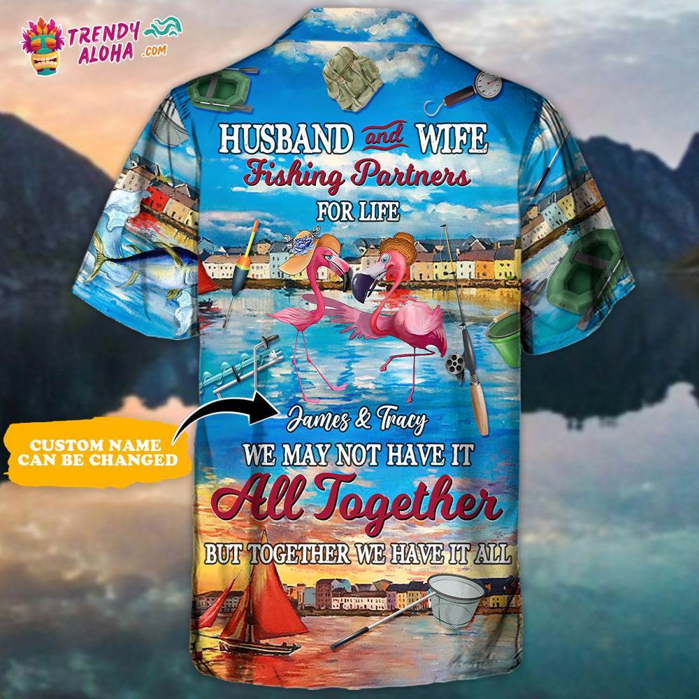 Fishing Flamingo Husband And Wife Fishing Partners For Life Personalized – Hawaiian Shirt – Personalized Photo Gifts Hawaiian Shirt – Trendy Aloha