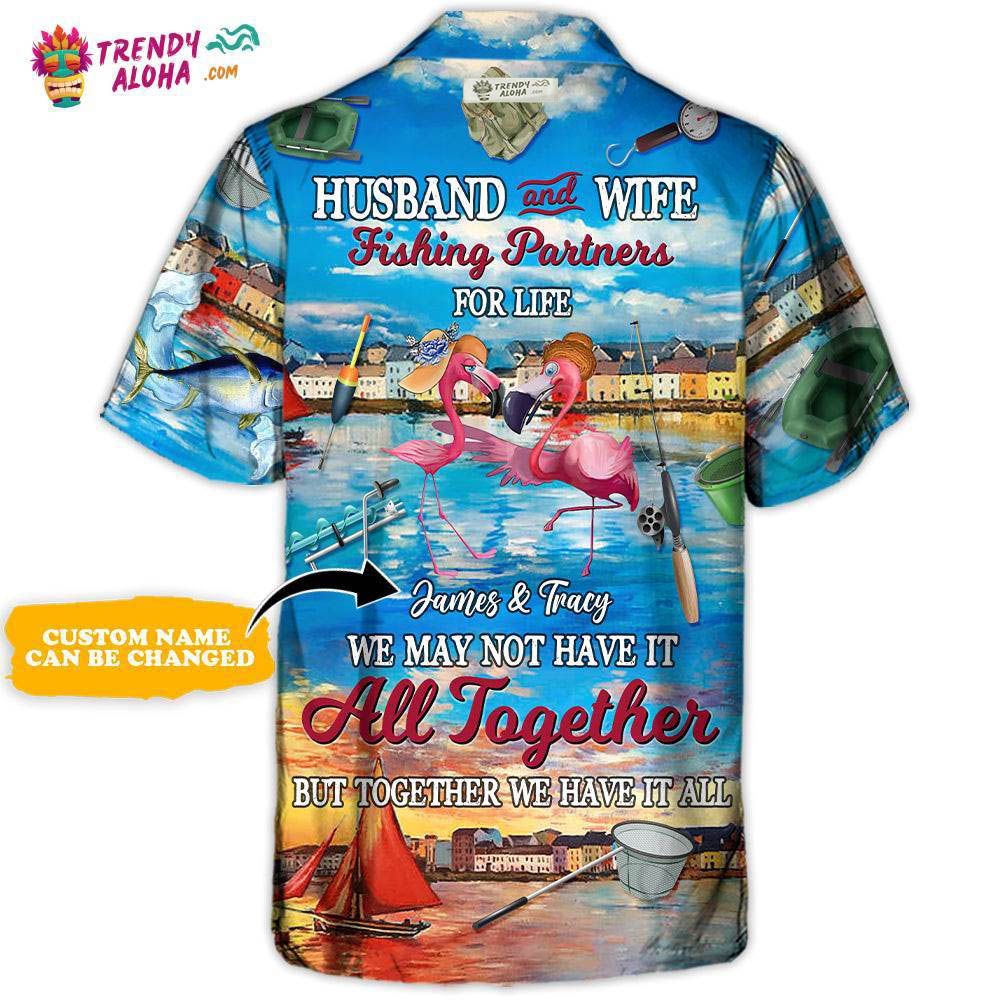 Fishing Flamingo Husband And Wife Fishing Partners For Life Personalized – Hawaiian Shirt – Personalized Photo Gifts Hawaiian Shirt – Trendy Aloha
