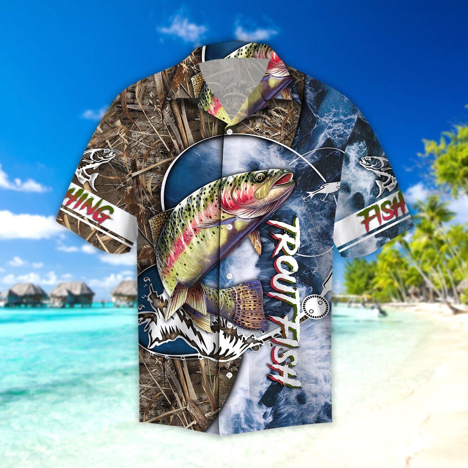 Fishing Hawaii Shirt Fishing Trendy Hawaiian Shirt Trout Fish Fishing Blue Wood Aloha Shirt