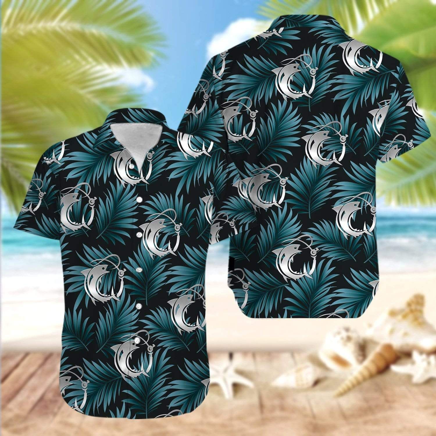 Fishing Hawaiian Shirt Fish Hook Pattern Tropical Hawaii Aloha Shirt Black Adult Full Print