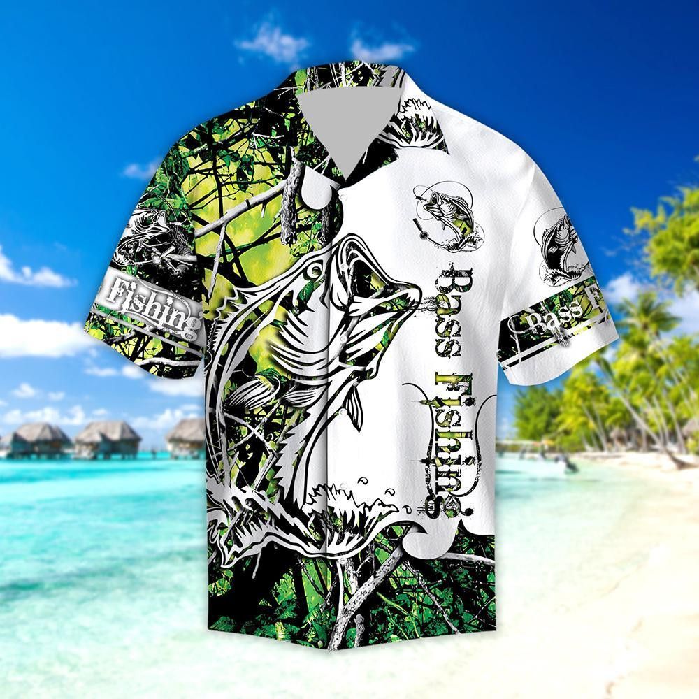 Fishing Hawaiian Shirt Fishing Aloha Shirt Bass Fishing White Green Hawaii Shirt