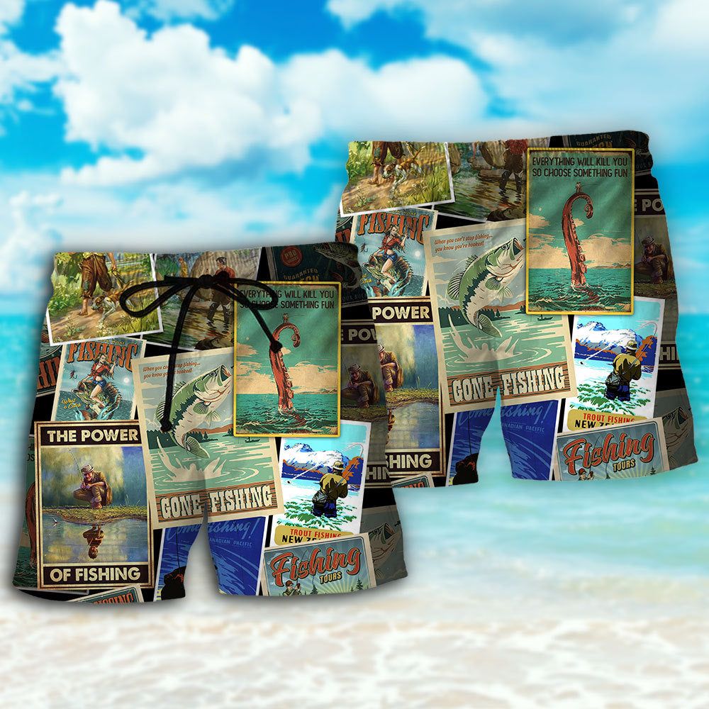 Fishing Retro Art The Power Trendy Aloha Hawaiian Beach Shorts