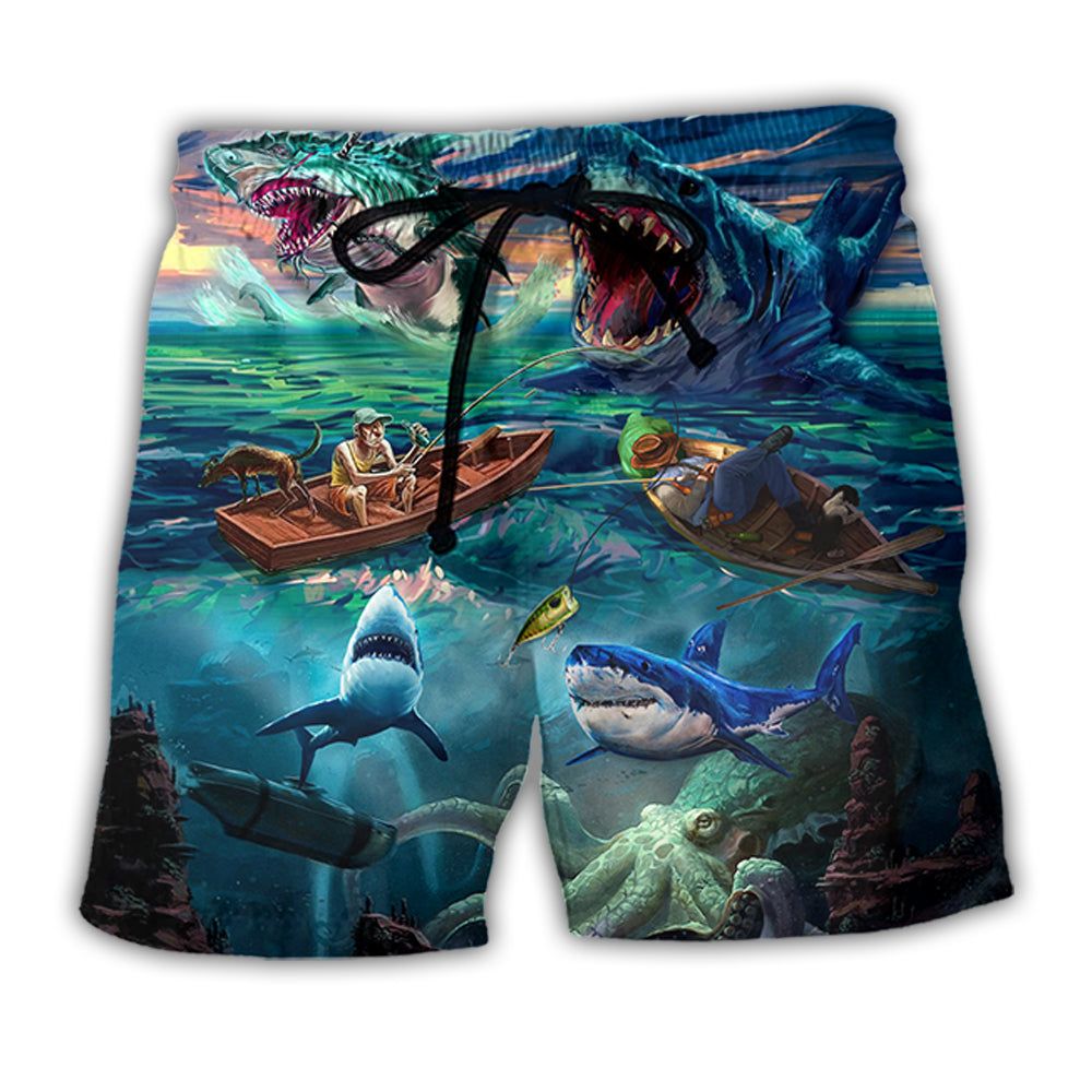 Fishing Shark Crazy Art Style Trendy Aloha Hawaiian Beach Shorts