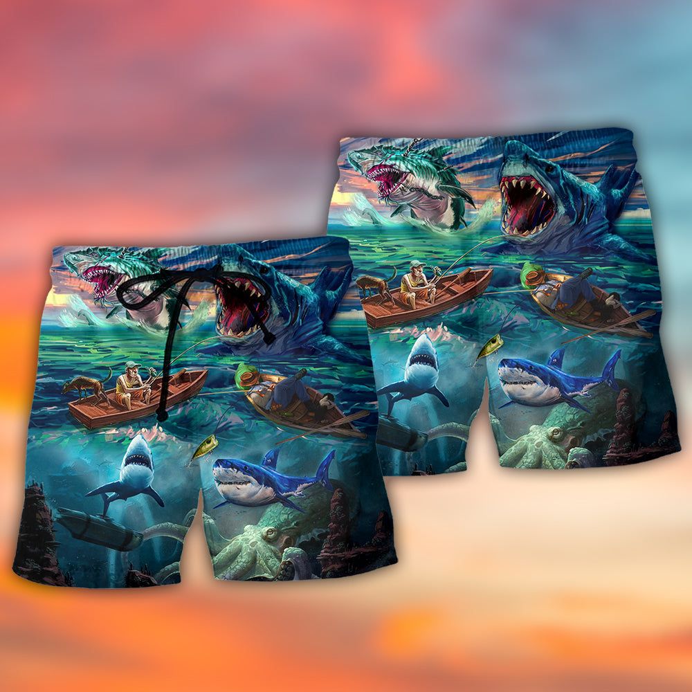 Fishing Shark Crazy Art Style Trendy Aloha Hawaiian Beach Shorts
